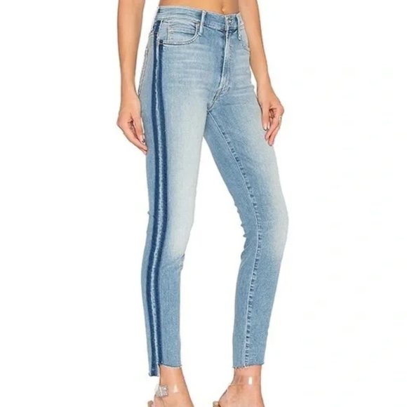 MOTHER STUNNER ZIP ANKLE STEP FRAY LIGHT KITTY RACER side stripe jeans sz 29